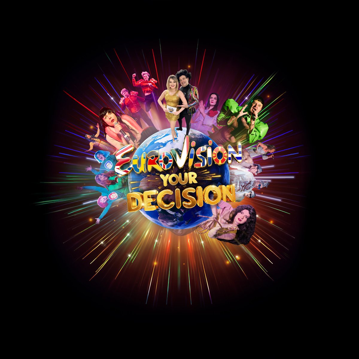 Eurovision Your Decision 2026 cast in costume around a globe